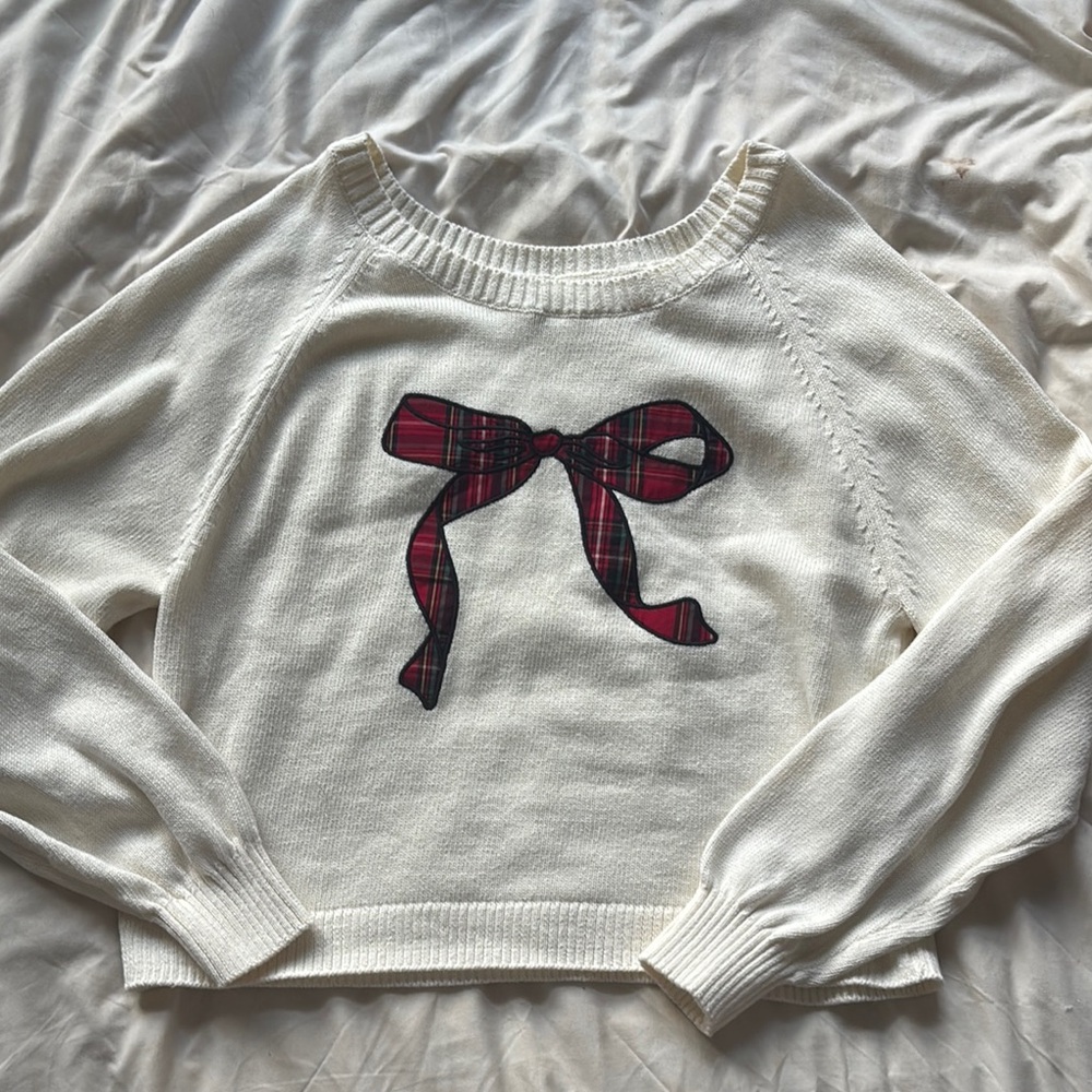 Hollister Cream Sweater with Plaid Bow